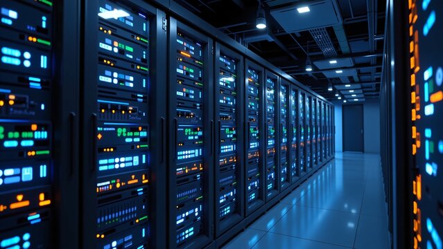 Futuristic Data Server Racks, Glowing Network Hardware, Specific Environment Building Block, Sci-Fi Tech Graphic, Modern Digital Aesthetic, Interconnected Light Visual, Ample Copy Space, Multipurpose 