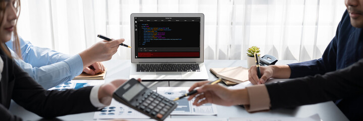 Poster - Business intelligence and data analysis concept. Analyst team working on financial data analysis dashboard on laptop screen as marketing indication for effective business strategic planning. Insight