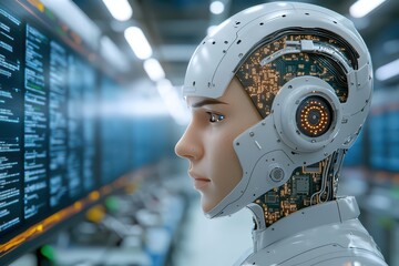Poster - Futuristic Android with Visible Technology in Control Room