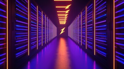 Poster - Neon Server Room with Vibrant Colors and Bright Lighting