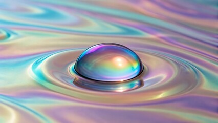 Poster - An iridescent water drop creates mesmerizing ripples and swirls, showcasing abstract patterns and holographic colors, isolated on white background, capturing the beauty of fluid dynamics