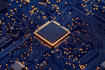 Poster - Abstract Circuit Board with Microchip and Golden Traces