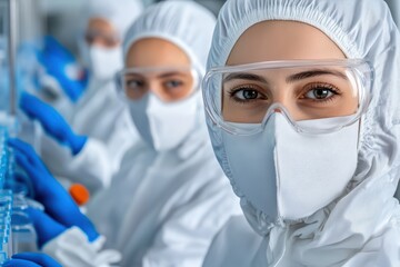 Poster - Laboratory Team in Protective Gear Conducting Research Tasks
