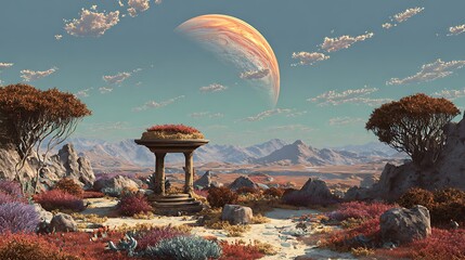 Wall Mural - Empty podium surrounded by alien flora and strange landscapes, with a distant colorful planet hanging in the sky .