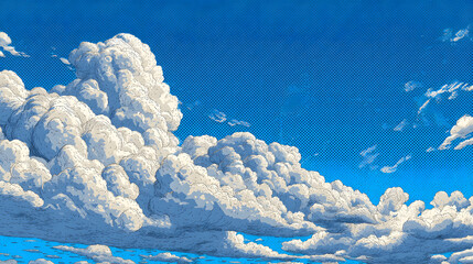 Poster - Cartoon cloud background vector illustration with blue sky and halftone effect for graphic design use