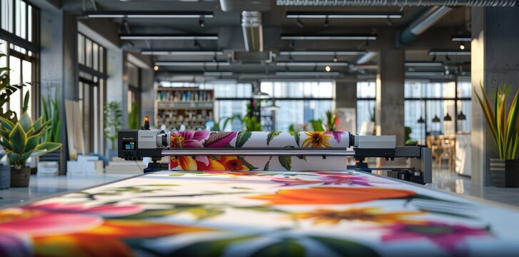 A large industrial printing machine is producing a floral pattern on fabric