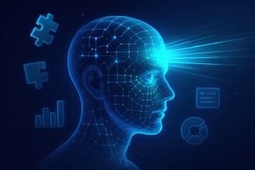 Poster - Digital Brainwave: An elegant depiction of a digital human silhouette bathed in the luminescence of a brainwave, with puzzle and chart-like shapes floating around.