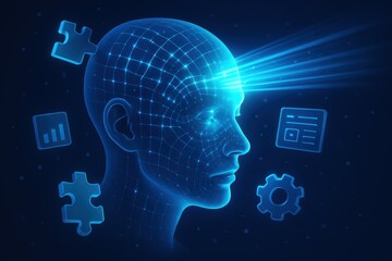 Poster - Digital Mind: A futuristic, digital representation of the human mind, emanating energy and ideas. The image evokes concept of innovation and the power of thought.