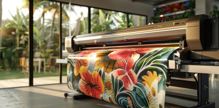 A large industrial printing machine is producing a floral pattern on fabric