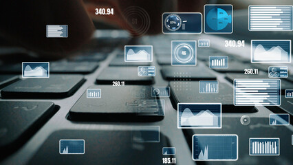 Poster - This image captures the close-up view of hands on a keyboard with floating digital data visualizations and graphs, symbolizing technology and data analysis in modern workspaces. Xenic