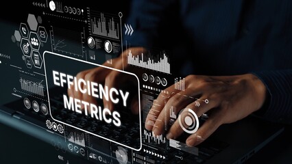 Poster - Hands typing on a laptop with data visualization on a display showcasing efficiency metrics and performance indicators in a modern workspace. Asymptotic smart data analytic.