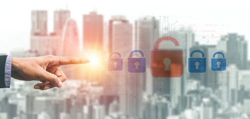 Poster - Digital security concept illustrating a cybersecurity breach, with a red unlocked padlock indicating data exposure among secure systems, emphasizing system vulnerability and risk Vouch