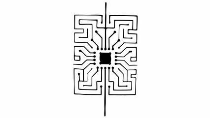 Poster - Stylized computer chip illustration with connecting lines and central square in black and white style created with generated ai