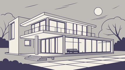 Poster - Illustration of a two story modern house with large windows and trees in the background under the sun created with generated ai