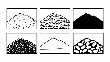 Aufkleber - Six framed illustrations showing piles of materials including sand, pebbles, and a solid dark mass image created with generated ai