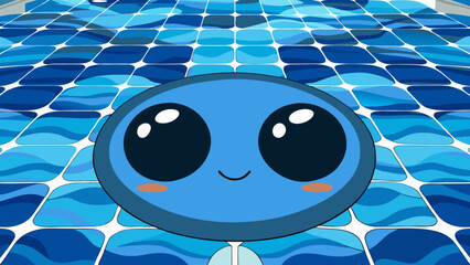 Poster - A cute blue blob with big eyes and a smile on a blue tiled floor with white grout lines background created with generated ai