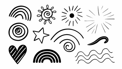 Aufkleber - Doodle style graphic with rainbow, heart, sun, star, spiral, and wave elements in black and white design created with generated ai
