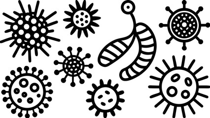 Aufkleber - Collection of stylized virus and bacteria shapes in black and white outline illustration format created with generated ai