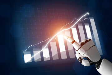 Poster - A futuristic robotic hand points towards a digital graph, showcasing upward trends and data growth, symbolizing technology and innovation in business analytics. Impute