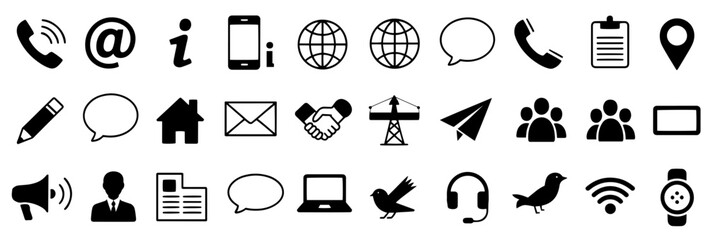 Poster - Collection of assorted black and white communication and contact icons arranged in a grid pattern style