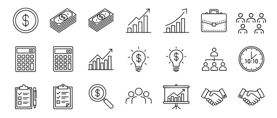 Aufkleber - A collection of business and finance related line art icons including money charts and team symbols drawn