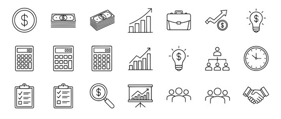 Aufkleber - Collection of business and finance icons including money charts calculators and teamwork symbols drawn in line art