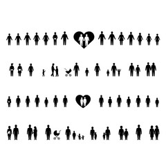 Poster - Silhouette vector Illustration depicting rows of stick figure families and individuals with heart symbols in black and white