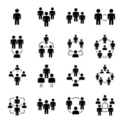 Poster - Silhouette vector Illustration icons pack depicting various arrangements of human figures representing groups and social connections networks
