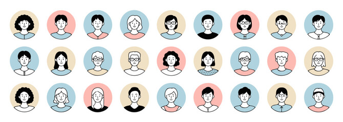 Poster - Vector Illustration featuring a collection of diverse hand drawn portraits in oval frames with pastel backgrounds
