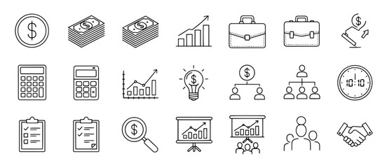 Poster - Vector line art icon of business and finance icons including money, charts, briefcases, and organizational structure