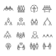 Poster - Vector line art Icons pack of business and management icons showing teamwork, leadership, and organizational structure