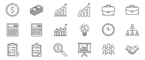 Poster - Vector line art style featuring business and finance related icons including money charts and organizational structure