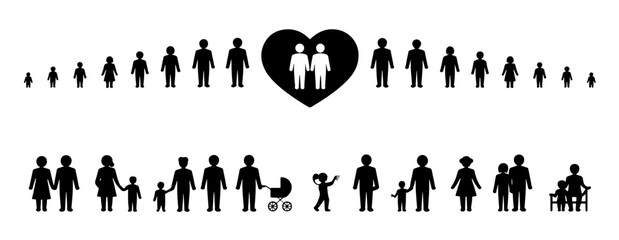 Poster - Silhouette vector Illustration of diverse family structures with people of different ages and configurations in black