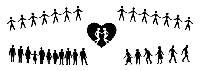 Poster - Vector Illustration of stick figures in groups and holding hands with a heart containing two figures in the middle