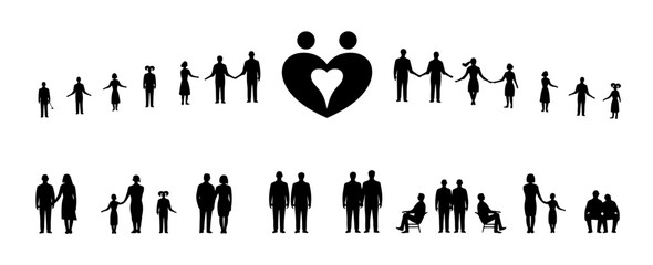 Poster - Silhouetted figures of people holding hands forming an arch with a heart and standing couples below it
