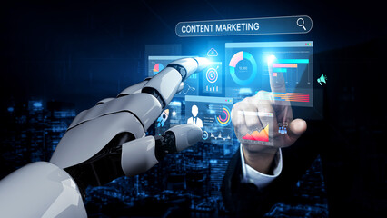 Poster - AI boosts content marketing with smart dashboards, analytics, and automation tools to improve performance, plan strategies, and track digital content success. Artificial intelligence spline