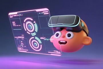 Poster - Cartoon Character Immersed in Virtual Reality with Futuristic Interface Exploring Metaverse and Digital World Experiencing Advanced Technology and Interactive Entertainment in a Colorful 3D