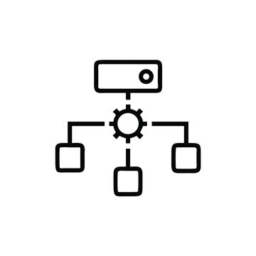 Outline icon a central gear connected to three square nodes technology network