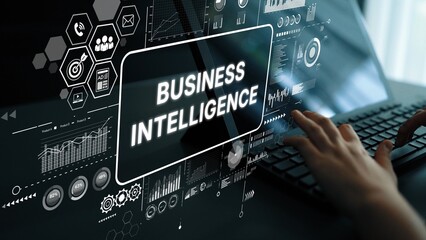 Poster - Business Intelligence Dashboard Concept with Data Visualization and Analytical Tools on a Modern Laptop Screen. Asymptotic smart data analytic.