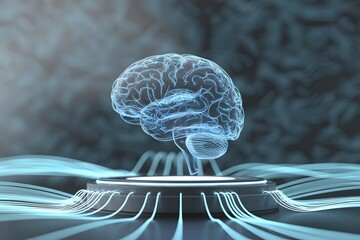 Poster - Futuristic Brain Illustration with Glowing Wires Connecting to a Platform Representing Artificial Intelligence Machine Learning and Advanced Technology Concepts with a Modern Aesthetic
