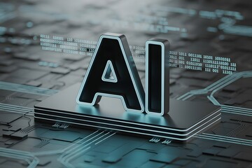 Aufkleber - Artificial Intelligence Concept with 3D Rendered Letters on a Circuit Board with Binary Code Representing the Future of Technology and Machine Learning