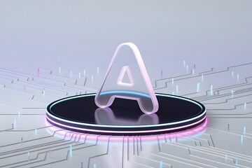 Aufkleber - Futuristic Transparent Letter A on Platform with Neon Lights and Circuit Board Pattern Modern Technology and Alphabet Concept 3D Rendering