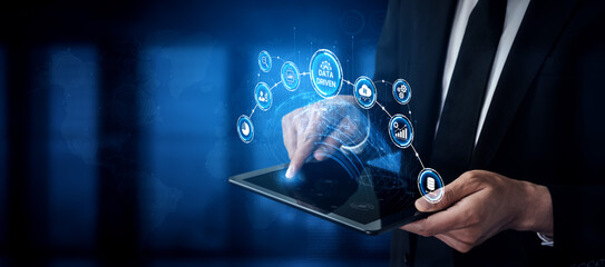 Poster - Data-driven decision-making empowers business through analytics, datum collection, and AI systems. Data driven tools support cloud data processing and data visualization across datum platforms. Spline