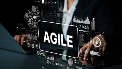 Poster - Professional business person interacting with digital interface showcasing Agile methodology in modern workspace. Asymptotic smart data analytic.