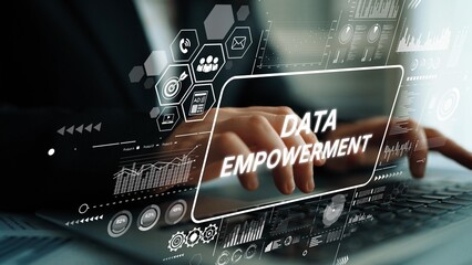 Poster - Hands on Laptop Showcasing Data Empowerment with Digital Graphics and Analytics Symbols in Modern Workspace. Asymptotic smart data analytic.