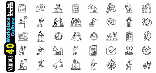 Poster - Collection of 40 black and white line art icons representing workplace culture and business