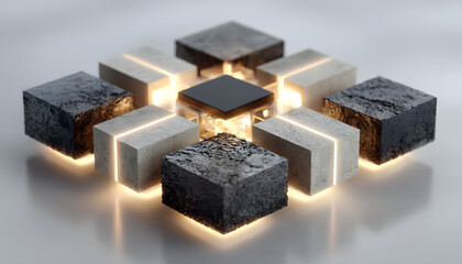 Poster - A modular quantum processor sculpture with geometric blocks interlinked by light beams, sleek design, photorealistic render, isolated on white