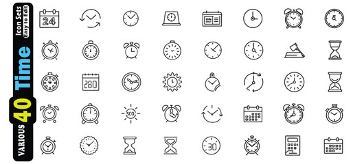 Poster - Collection of 40 thin line icons representing time and scheduling concepts clock calendar