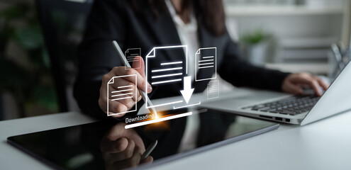 Poster - Visual representation of digital document downloading, showing file transfer, data access, and progress status for secure and efficient information retrieval Latch