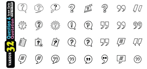 Fototapete - Collection of Black Outline Question Mark and Quotation Mark Icons symbol speech bubble